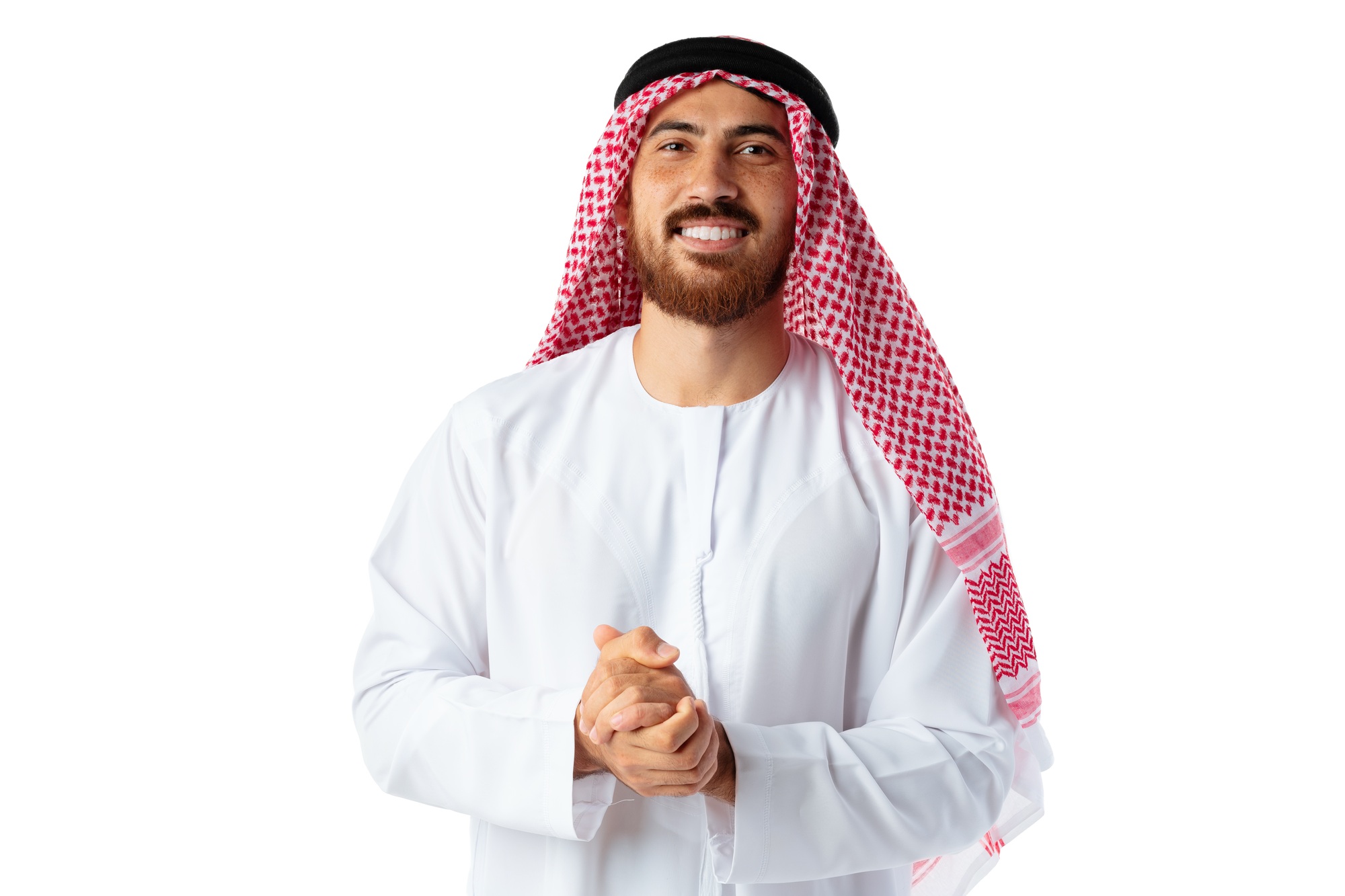 Portrait of smiling young Arab man on white background